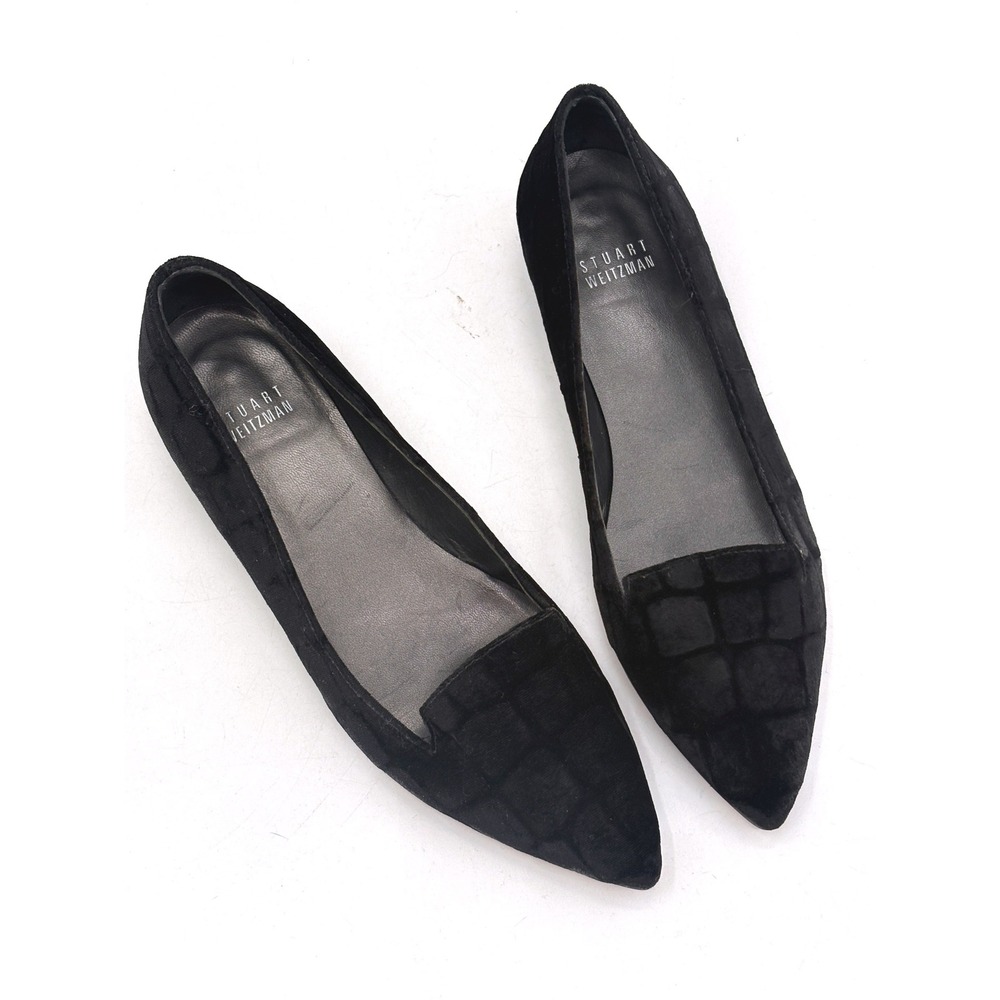 Stuart Weitzman Loafer Flats Black Velvet Pointed Toe Women Size 6 Animal Print